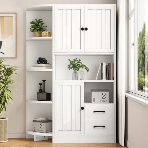 Vitrine D’angle Blanche 155 Cm Avec 3 Placards, 2 Tiroirs Et 14 Espaces De Rangement