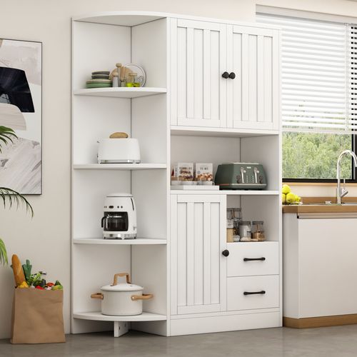 Vitrine D’angle Blanche 155 Cm Avec 3 Placards, 2 Tiroirs Et 14 Espaces De Rangement
