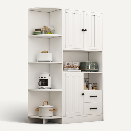 Vitrine D’angle Blanche 155 Cm Avec 3 Placards, 2 Tiroirs Et 14 Espaces De Rangement