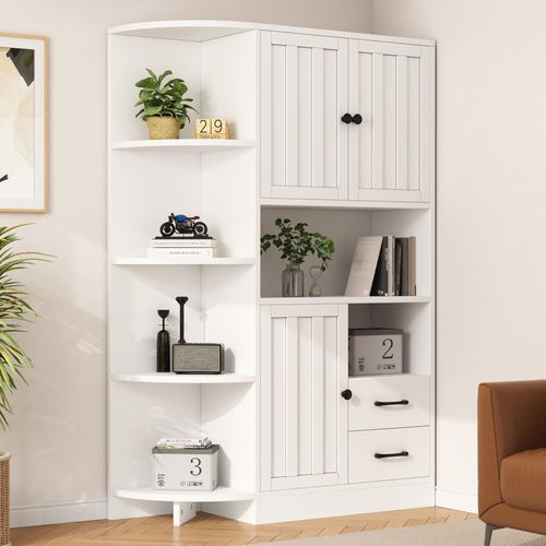 Vitrine D’angle Blanche 155 Cm Avec 3 Placards, 2 Tiroirs Et 14 Espaces De Rangement