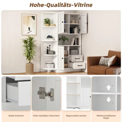 Vitrine D’angle Blanche 155 Cm Avec 3 Placards, 2 Tiroirs Et 14 Espaces De Rangement