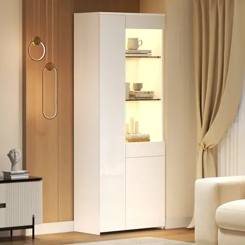 Vitrine Blanche 180 Cm Avec LED Pilotable, Tiroirs Dissimulés Et étagères En Verre