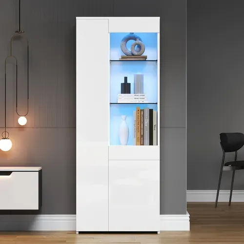 Vitrine Blanche 180 Cm Avec LED Pilotable, Tiroirs Dissimulés Et étagères En Verre