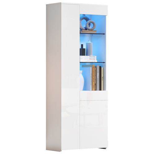 Vitrine Blanche 180 Cm Avec LED Pilotable, Tiroirs Dissimulés Et étagères En Verre