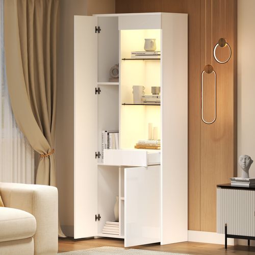 Vitrine Blanche 180 Cm Avec LED Pilotable, Tiroirs Dissimulés Et étagères En Verre
