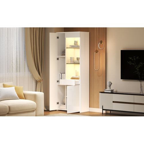Vitrine Blanche 180 Cm Avec LED Pilotable, Tiroirs Dissimulés Et étagères En Verre