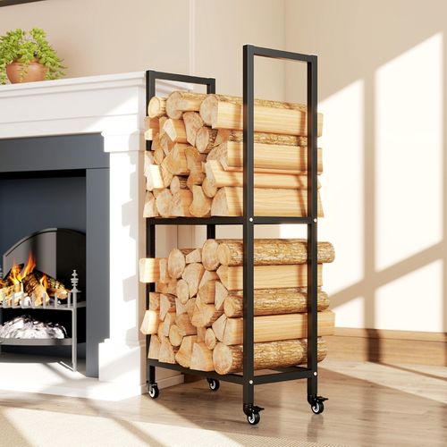 Râtelier à Bois Intérieur 2 Niveaux En Acier Avec Roulettes, 60x30x119 Cm, Noir