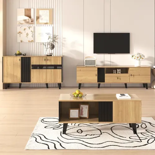 Ensemble Meuble De Salon 3 Pièces – Table Basse, Meuble TV Et Buffet, Bois Et Noir