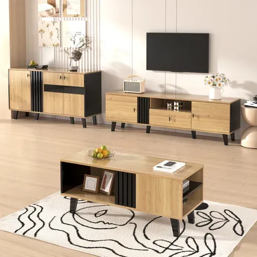 Ensemble Meuble De Salon 3 Pièces – Table Basse, Meuble TV Et Buffet, Bois Et Noir