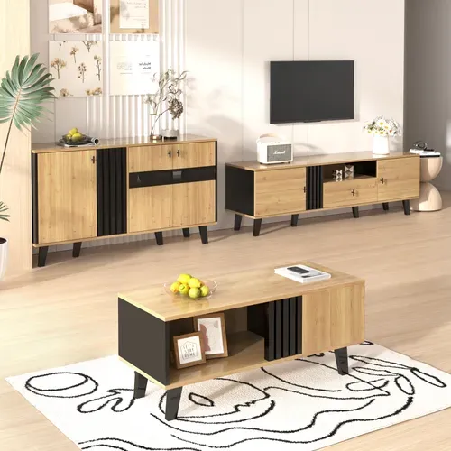 Ensemble Meuble De Salon 3 Pièces – Table Basse, Meuble TV Et Buffet, Bois Et Noir