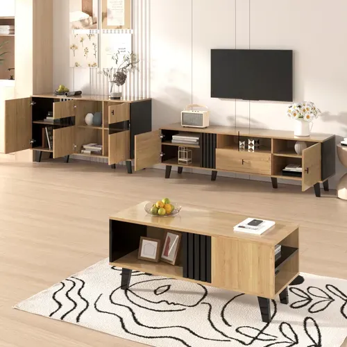 Ensemble Meuble De Salon 3 Pièces – Table Basse, Meuble TV Et Buffet, Bois Et Noir