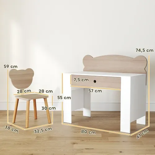 Bureau Et Chaise Enfants Avec Dossier Ours, Ensemble Table Avec Tiroir, Bois Naturel