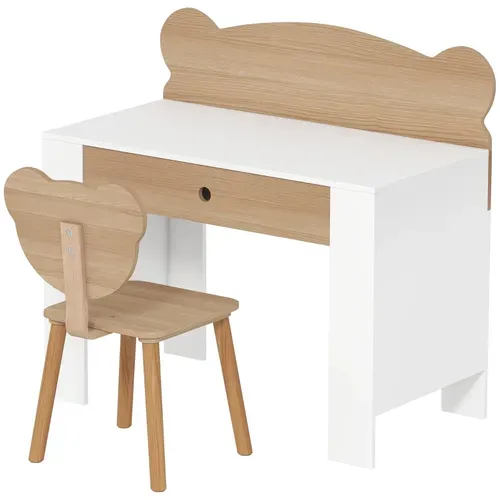 Bureau Et Chaise Enfants Avec Dossier Ours, Ensemble Table Avec Tiroir, Bois Naturel