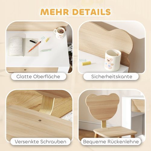 Bureau Et Chaise Enfants Avec Dossier Ours, Ensemble Table Avec Tiroir, Bois Naturel