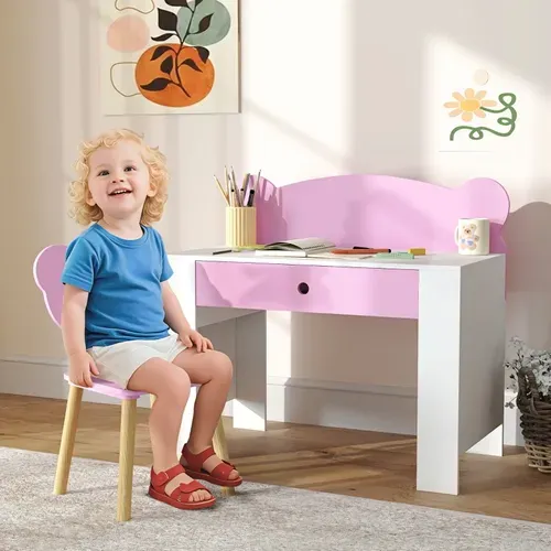 Bureau Et Chaise Enfants Avec Tiroir Et Dossier Ours, Ensemble Table Ludique Rose