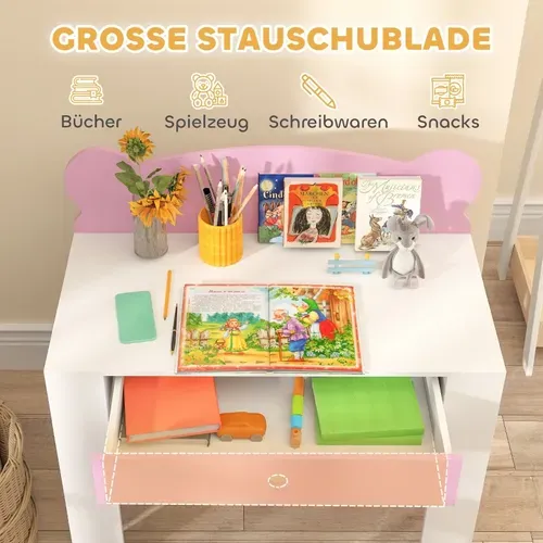 Bureau Et Chaise Enfants Avec Tiroir Et Dossier Ours, Ensemble Table Ludique Rose