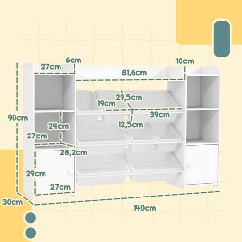 étagère De Rangement Enfant Avec 8 Bacs Amovibles Pour Jouets Et Livres, Blanc