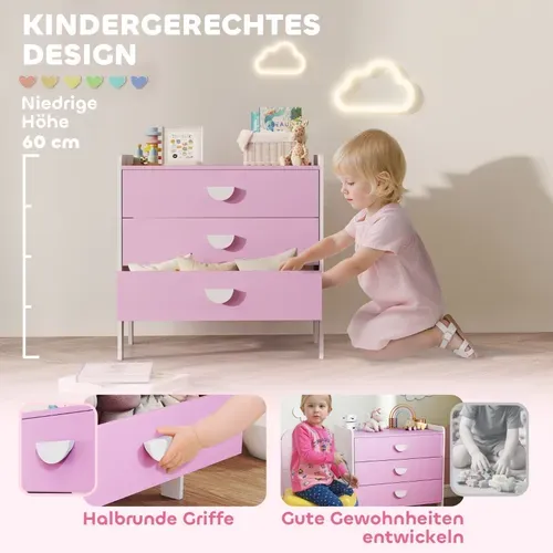 Commode Pour Enfants Avec 3 Tiroirs, Mdf, Rangement Pratique, Rose Et Blanc