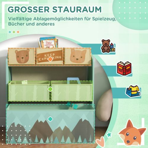 Etagère Enfant Avec 6 Bacs En Tissu Et Motifs Ludiques, Rangement Pratique Vert