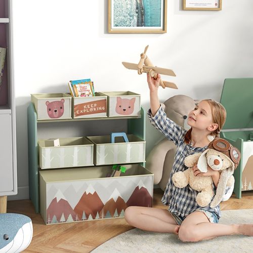 Etagère Enfant Avec 6 Bacs En Tissu Et Motifs Ludiques, Rangement Pratique Vert