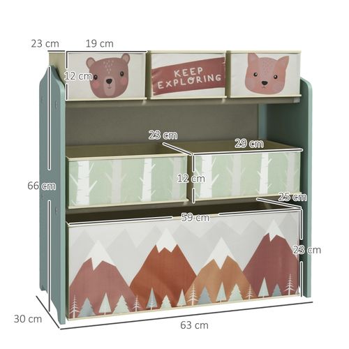 Etagère Enfant Avec 6 Bacs En Tissu Et Motifs Ludiques, Rangement Pratique Vert