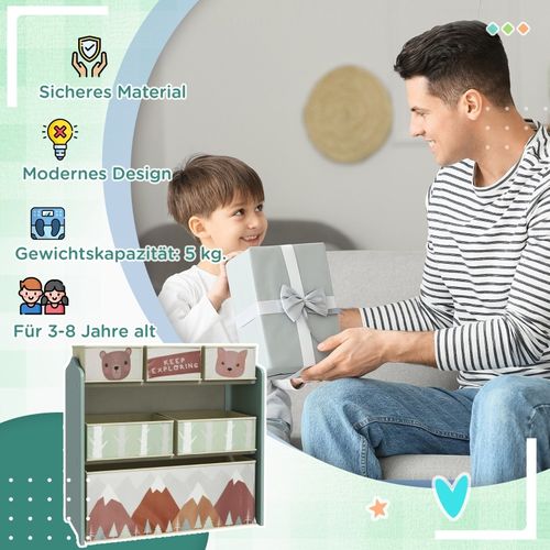Etagère Enfant Avec 6 Bacs En Tissu Et Motifs Ludiques, Rangement Pratique Vert