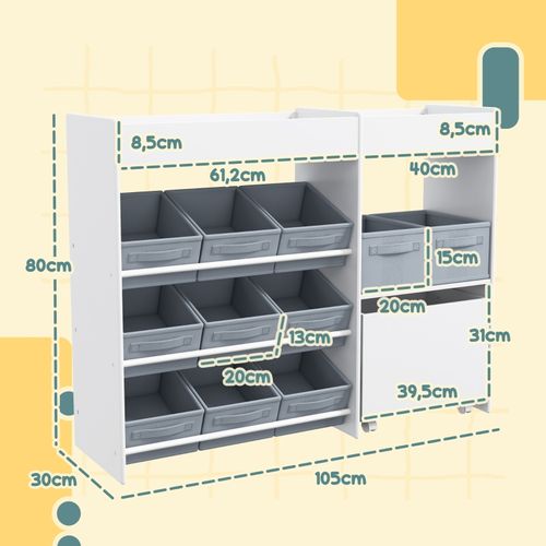 étagère De Rangement Pour Enfants Avec 11 Bacs En Tissu Et Stickers, Blanc, 3-8 Ans