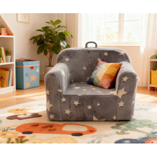 Canapé Enfant Gris En Mousse Avec Poches Latérales Et Housse Amovible