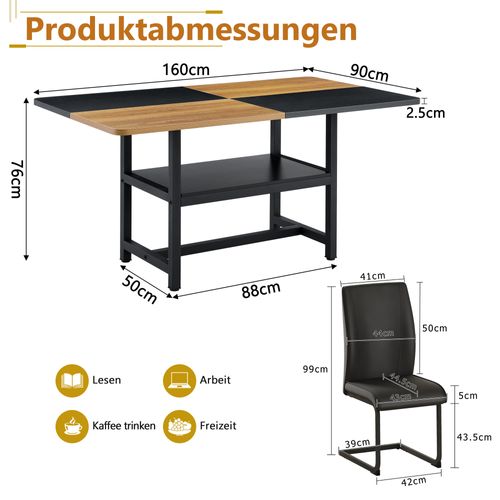 Ensemble Table Rectangulaire 160 Cm Avec étagère Et 4 Chaises En Simili Noir