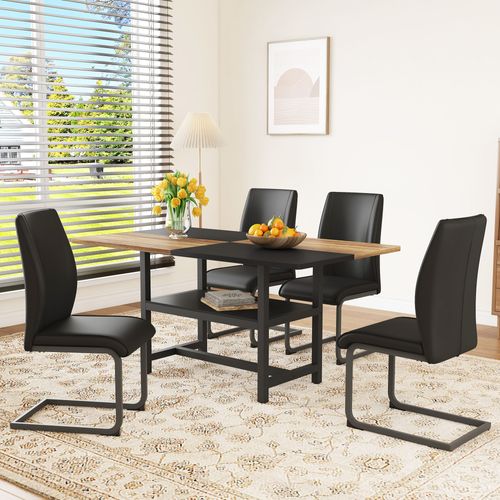 Ensemble Table Rectangulaire 160 Cm Avec étagère Et 4 Chaises En Simili Noir