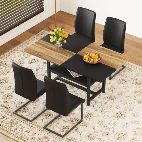 Ensemble Table Rectangulaire 160 Cm Avec étagère Et 4 Chaises En Simili Noir