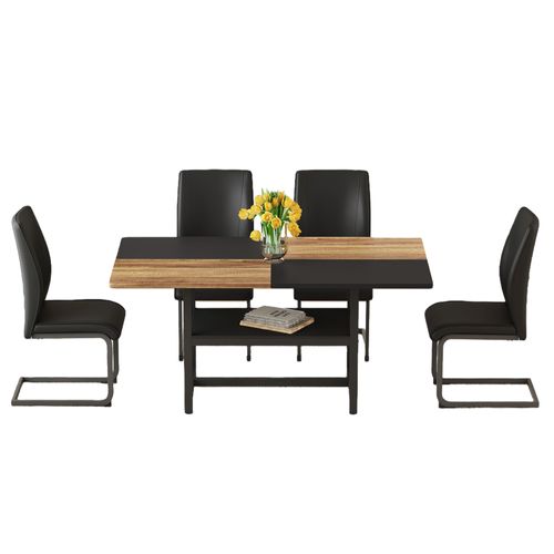 Ensemble Table Rectangulaire 160 Cm Avec étagère Et 4 Chaises En Simili Noir