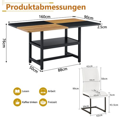 Ensemble Table Rectangulaire 160 Cm Avec étagère Et 4 Chaises En Simili Blanc