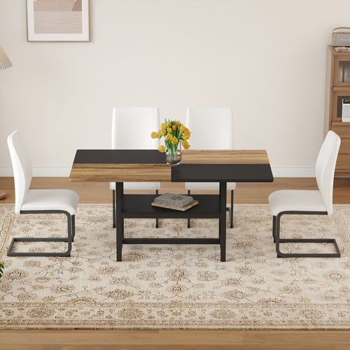 Ensemble Table Rectangulaire 160 Cm Avec étagère Et 4 Chaises En Simili Blanc