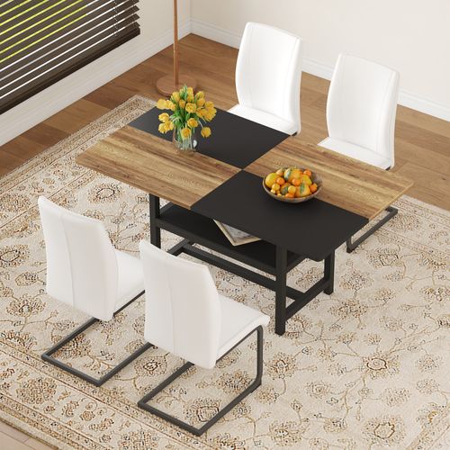 Ensemble Table Rectangulaire 160 Cm Avec étagère Et 4 Chaises En Simili Blanc