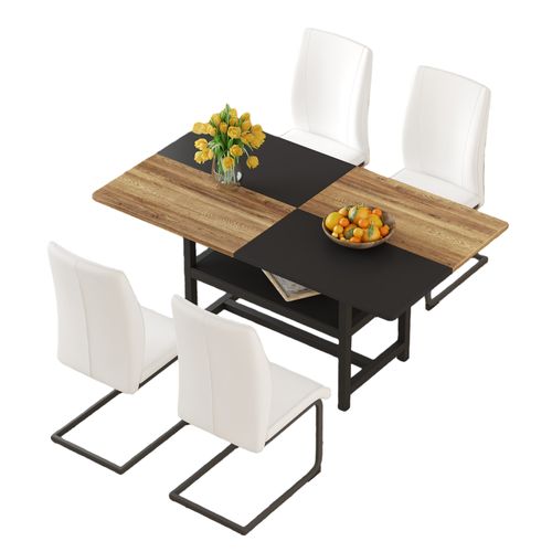 Ensemble Table Rectangulaire 160 Cm Avec étagère Et 4 Chaises En Simili Blanc