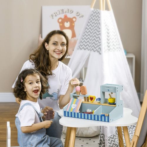 Stand De Glaces En Bois Pour Enfants Avec Nombreux Accessoires, Jeu D’imitation éducatif Bleu Clair