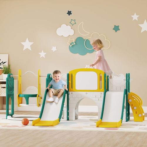 MAMIZO 9 en 1 Toboggan pour Tout-Petits, Toboggan Enfant Panier de Basket et Télescope, Aire de Jeux Intérieure et Extérieure, Tunnel et Stockage, Jeu Exterieur Enfant, mit 2PCS Moduls,Jaune Bleu