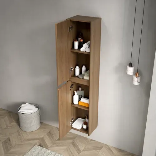 Colonne Murale Salle De Bain 140 Cm En Placage Chêne Espresso Avec 2 Portes Et étagères Intérieures