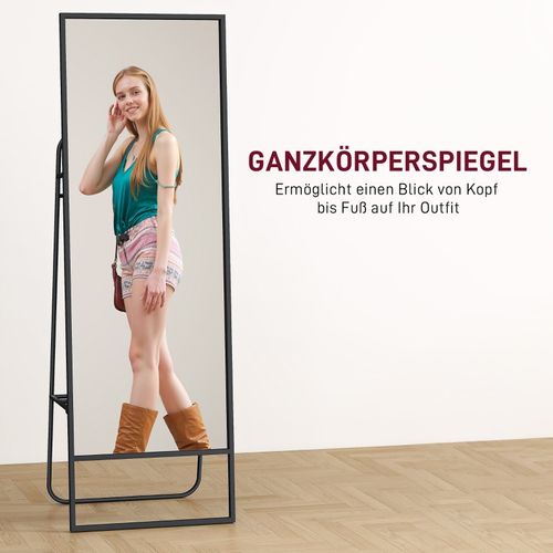 Miroir Sur Pied 157x50 Cm Avec Cadre Métal Noir, étagère Arrière Et Crochets Pour Chambre