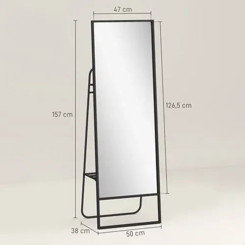 Miroir Sur Pied 157x50 Cm Avec Cadre Métal Noir, étagère Arrière Et Crochets Pour Chambre