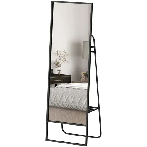 Miroir Sur Pied 157x50 Cm Avec Cadre Métal Noir, étagère Arrière Et Crochets Pour Chambre