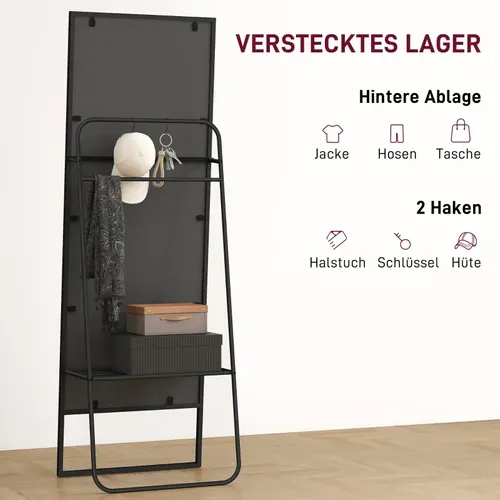 Miroir Sur Pied 157x50 Cm Avec Cadre Métal Noir, étagère Arrière Et Crochets Pour Chambre