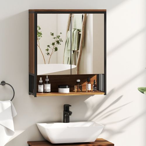 Armoire Miroir Suspendue Pour Salle De Bain 56x65 Cm En Mdf, Design Brun