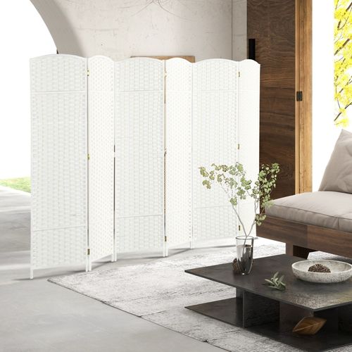 Paravent 6 Panneaux Pliable En Bois De Pin Avec Tissage Décoratif Blanc, Pour Salon Et Bureau