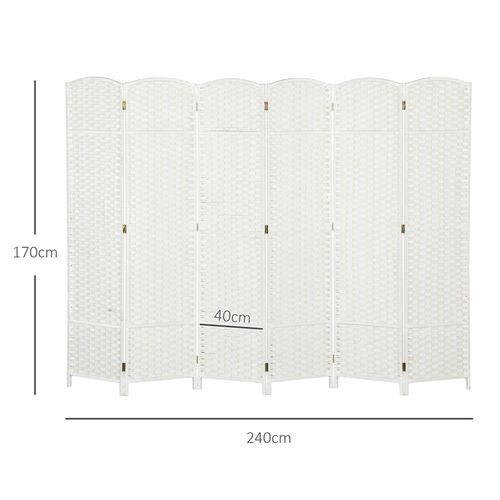 Paravent 6 Panneaux Pliable En Bois De Pin Avec Tissage Décoratif Blanc, Pour Salon Et Bureau
