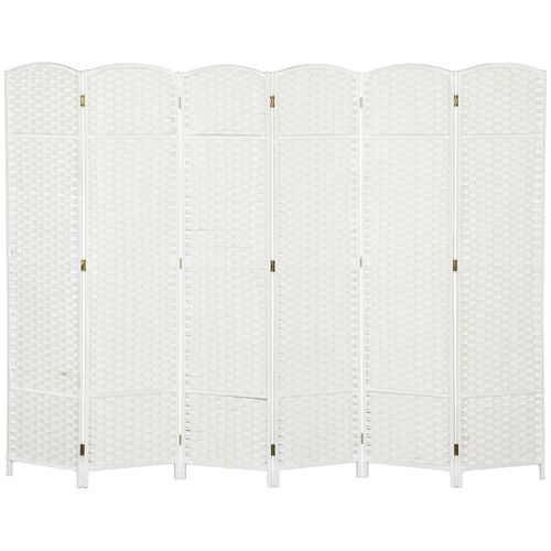 Paravent 6 Panneaux Pliable En Bois De Pin Avec Tissage Décoratif Blanc, Pour Salon Et Bureau