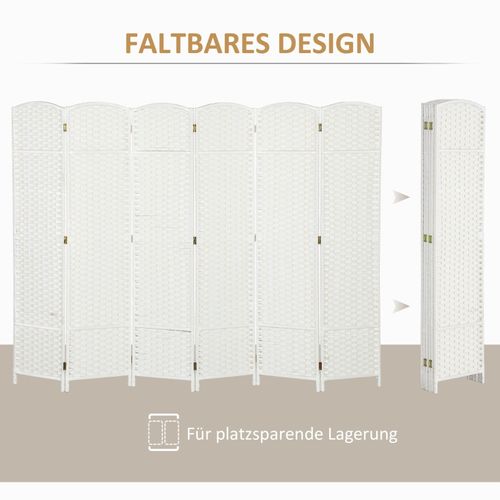 Paravent 6 Panneaux Pliable En Bois De Pin Avec Tissage Décoratif Blanc, Pour Salon Et Bureau