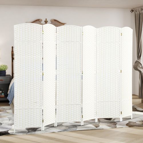 Paravent 6 Panneaux Pliable En Bois De Pin Avec Tissage Décoratif Blanc, Pour Salon Et Bureau