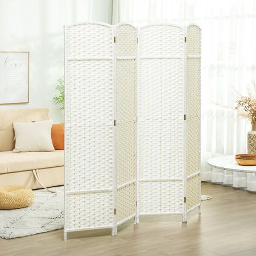 Paravent 4 Panneaux Pliable Blanc En Bois De Pin Avec Tissage élégant, Pour Salon Et Bureau